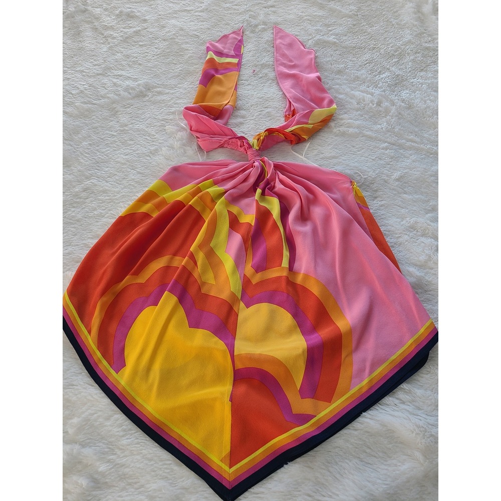 Trina Turk Marine 2 Silk Halter Top Pink Orange Psychedelic Print L 2301104PD1